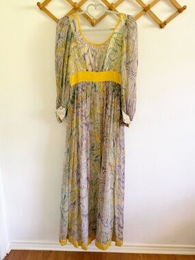Vintage 60s/70s Sheer Yellow Waistband Maxi Dress